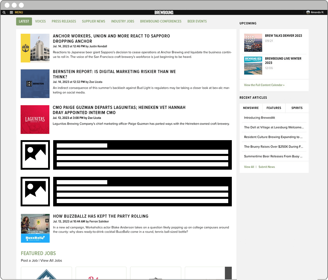 Native ad placement highlighted on the Brewbound homepage