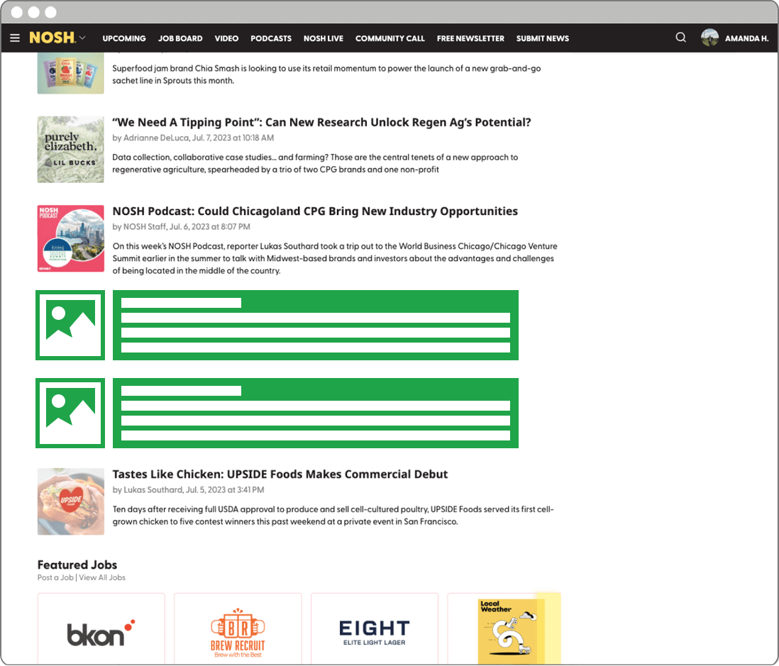 Native ad placement highlighted on the Nosh homepage