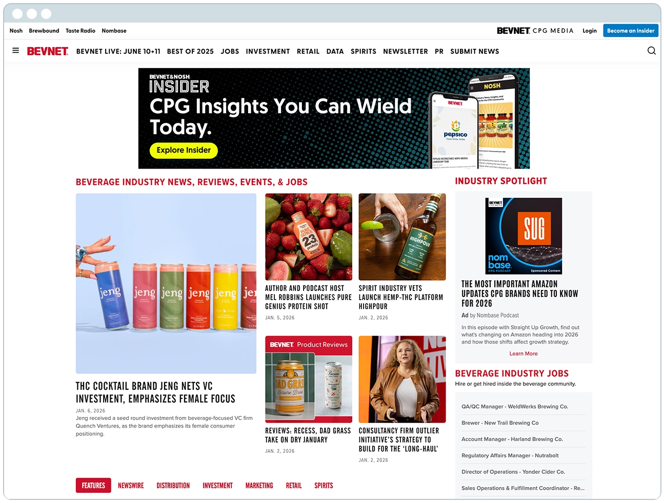 The BevNET.com homepage shown in a browser frame
