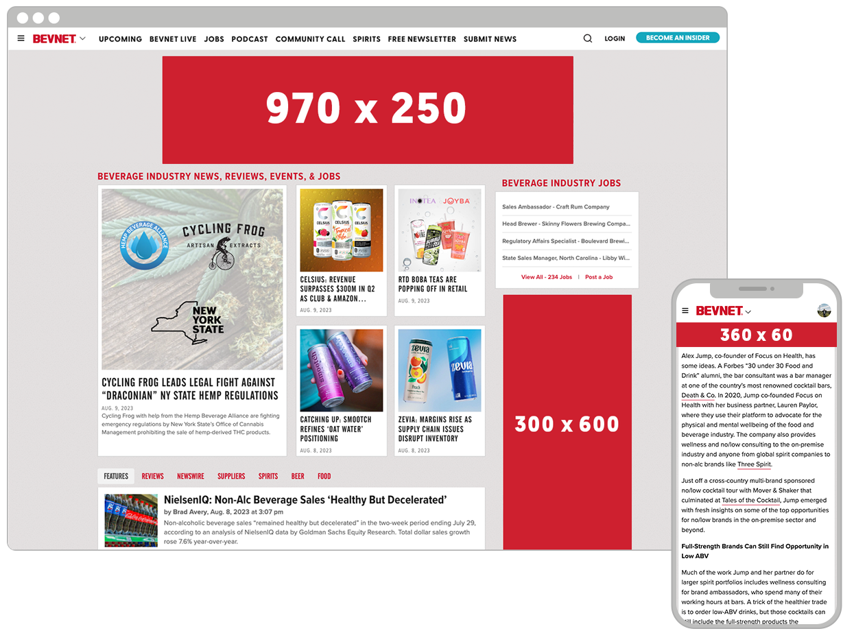 BevNET banner ad units shown on desktop and mobile