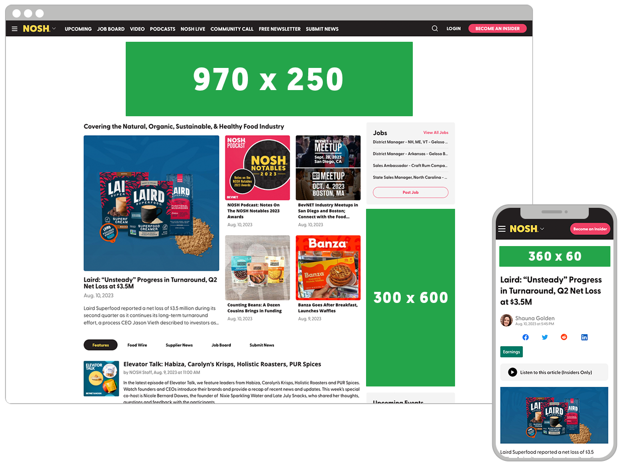 Nosh banner ad units shown on desktop and mobile