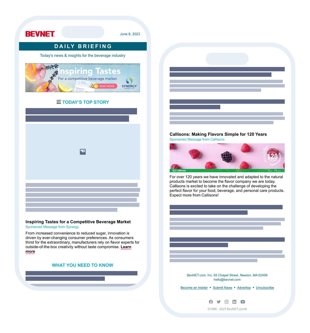 Two customized BevNET newsletter ad units shown side by side on mobile