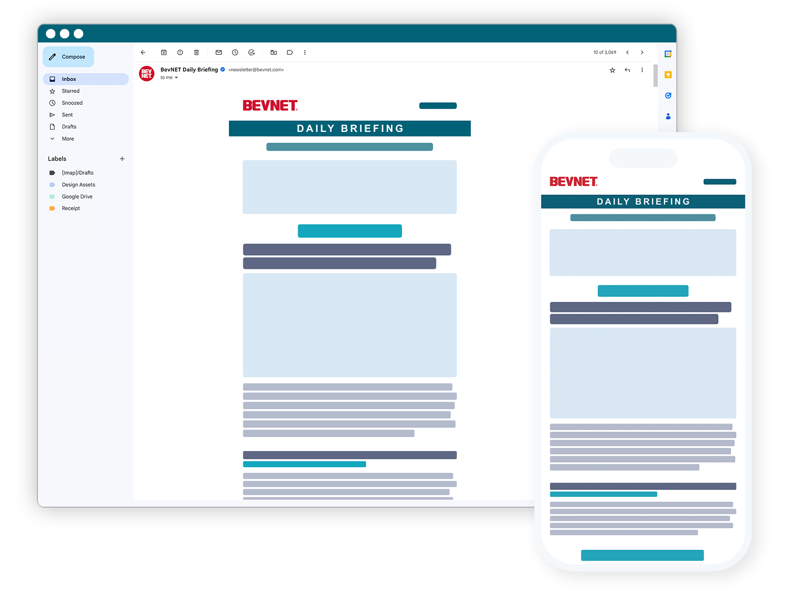 The BevNET Daily Briefing newsletter shown on desktop and mobile