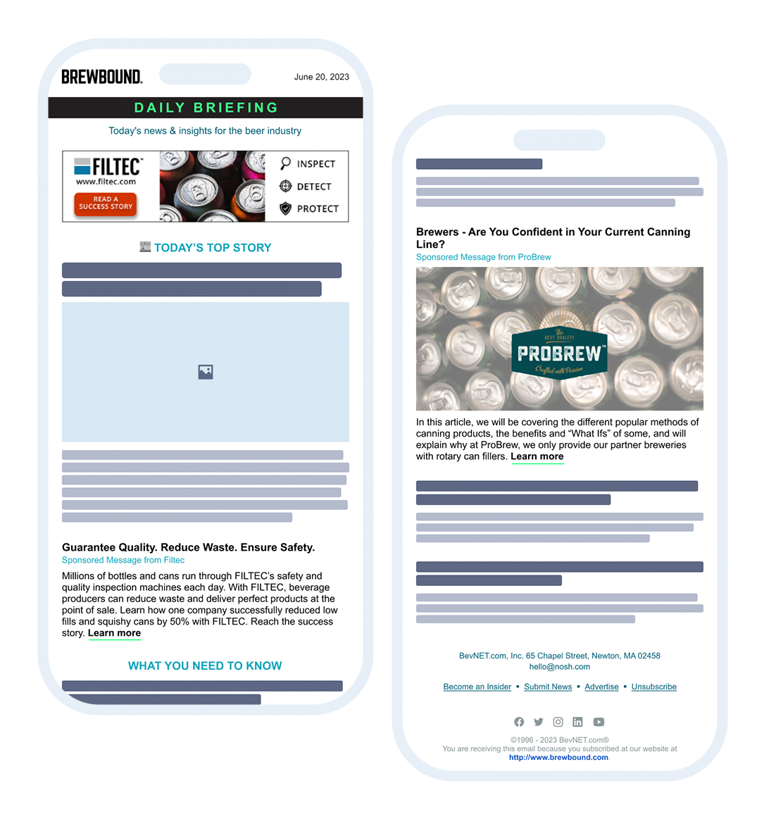 Two customized Brewbound newsletter ad units shown side by side on mobile