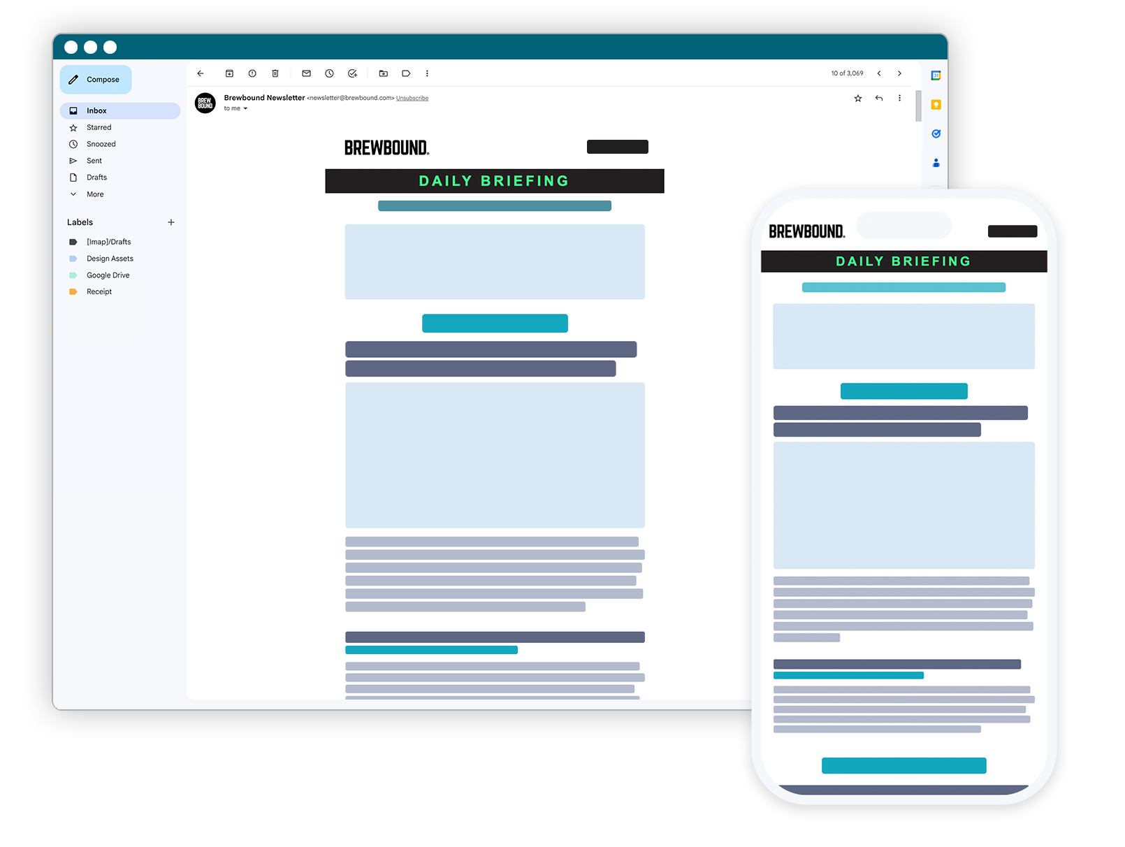 The Brewbound Daily Briefing newsletter shown on desktop and mobile