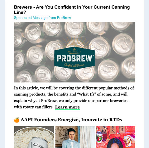 A sponsored message placed among the Brewbound Daily Briefing news stories