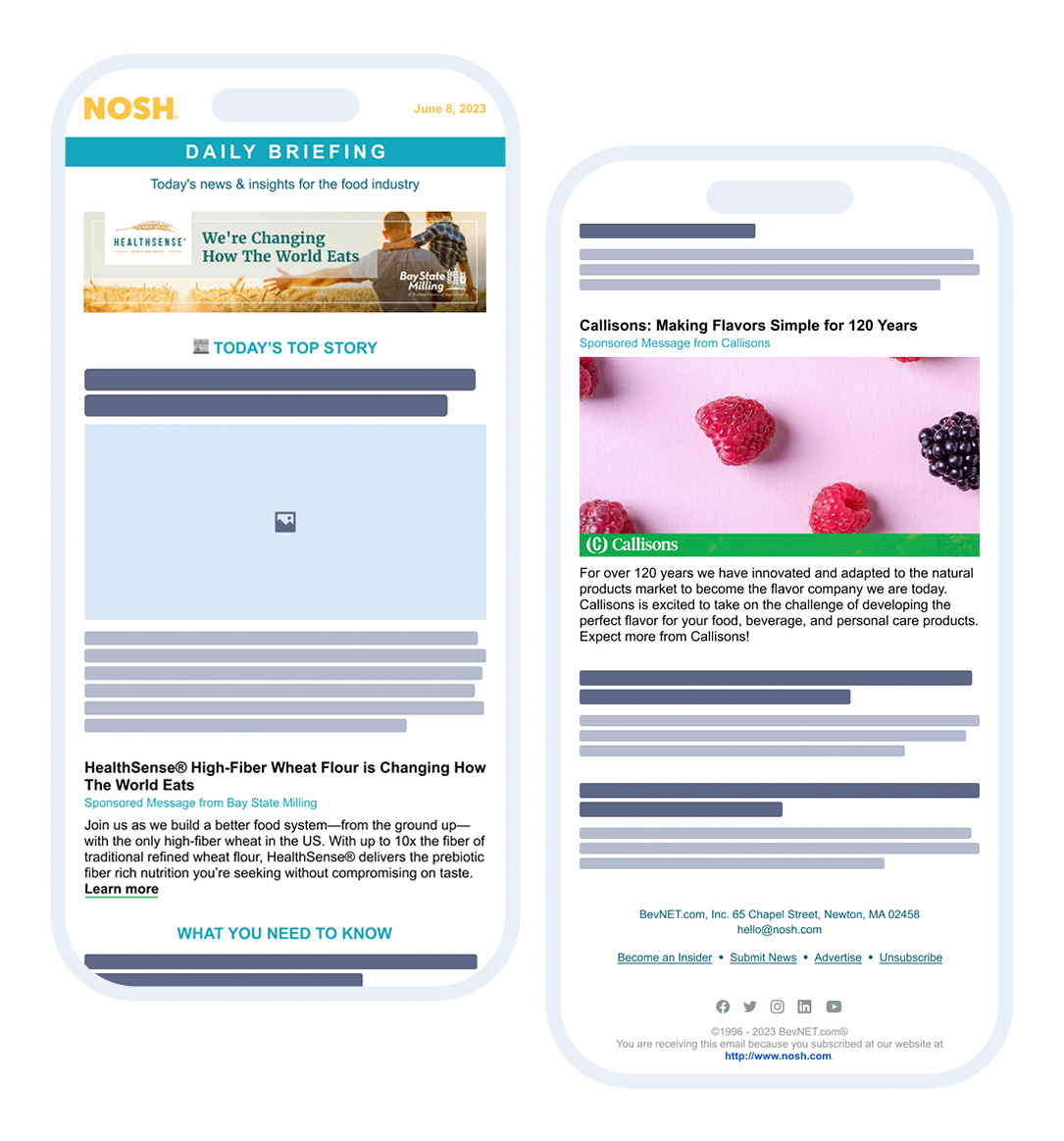 Two customized Nosh newsletter ad units shown side by side on mobile
