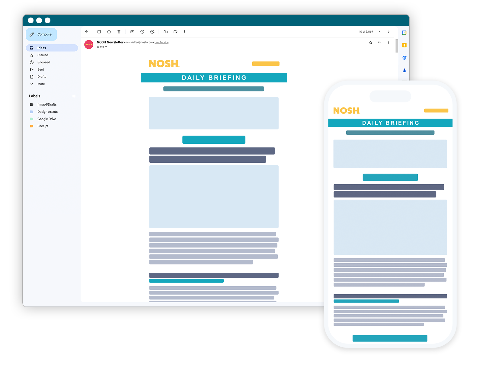 The Nosh Daily Briefing newsletter shown on desktop and mobile