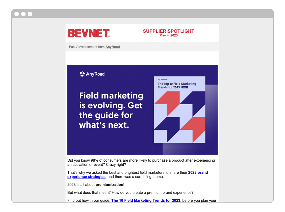 A customized BevNET dedicated email send