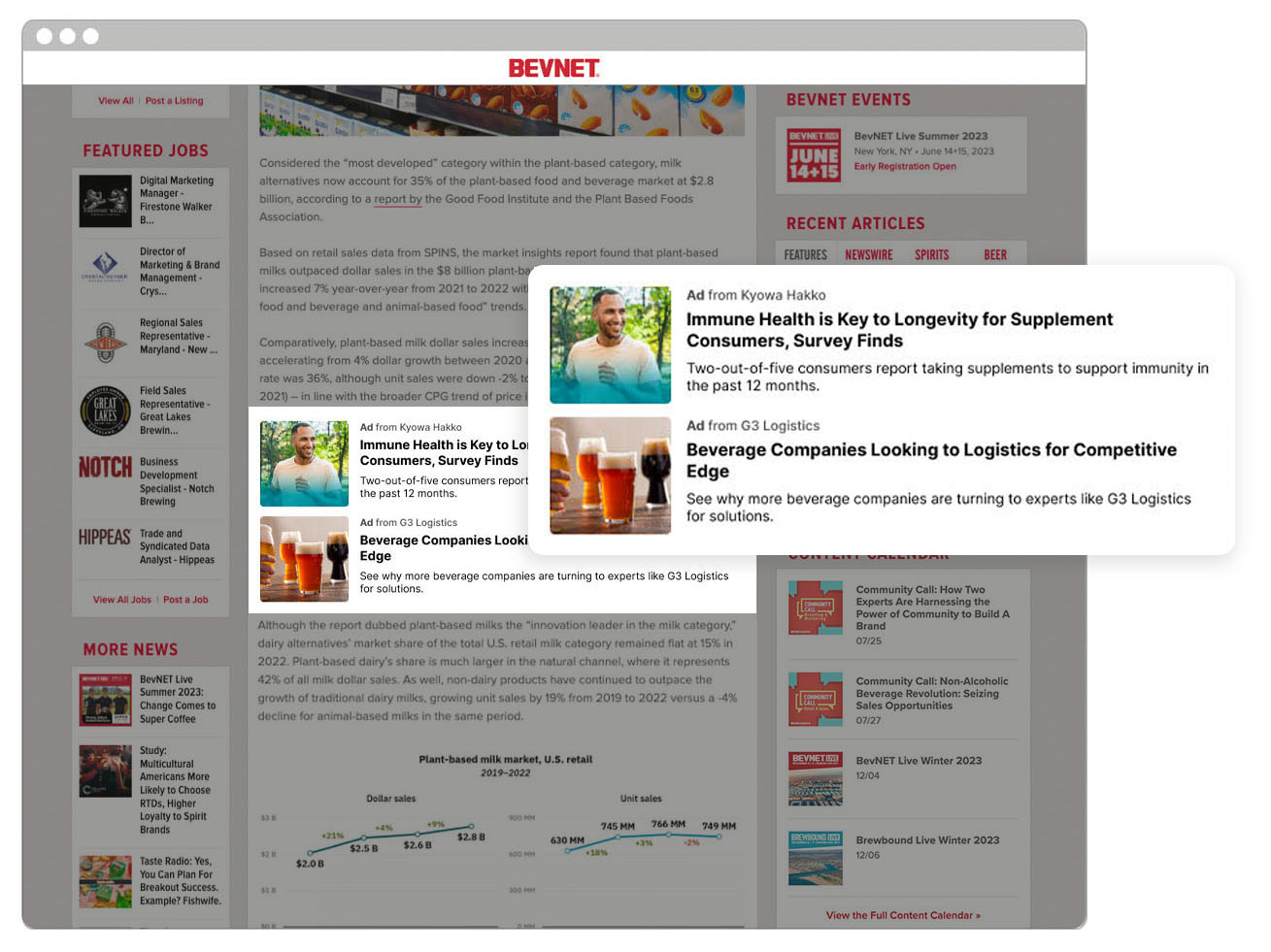 Close-up of a native placement beside a BevNET article headline