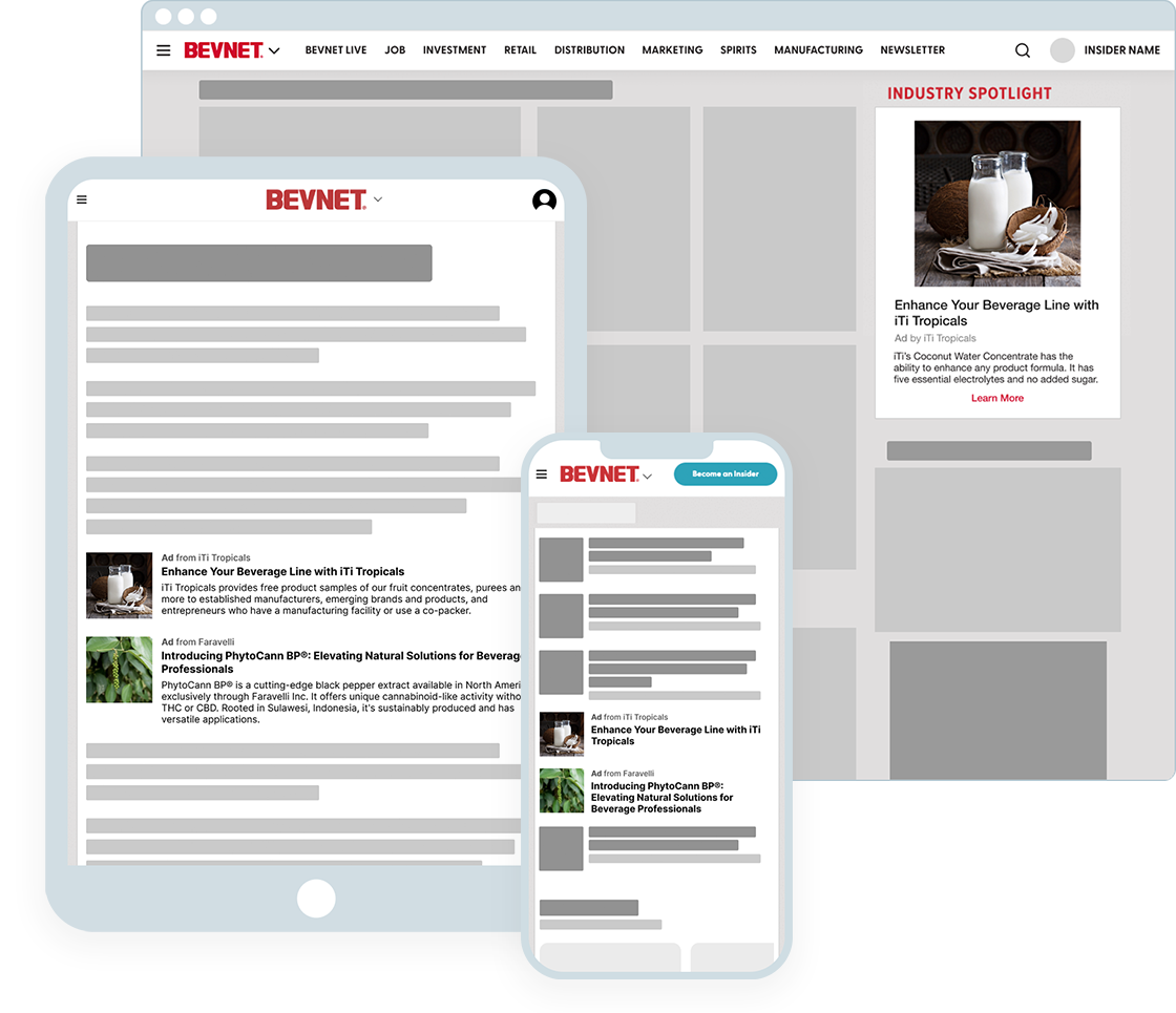 A BevNET native ad shown on desktop, tablet, and phone