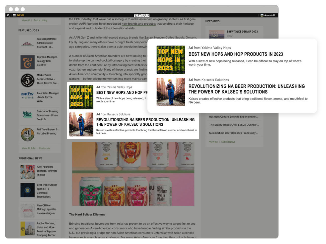 Close-up of a native placement beside a Brewbound article headline