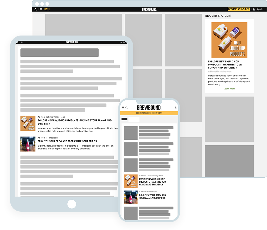 A Brewbound native ad shown on desktop, tablet, and phone
