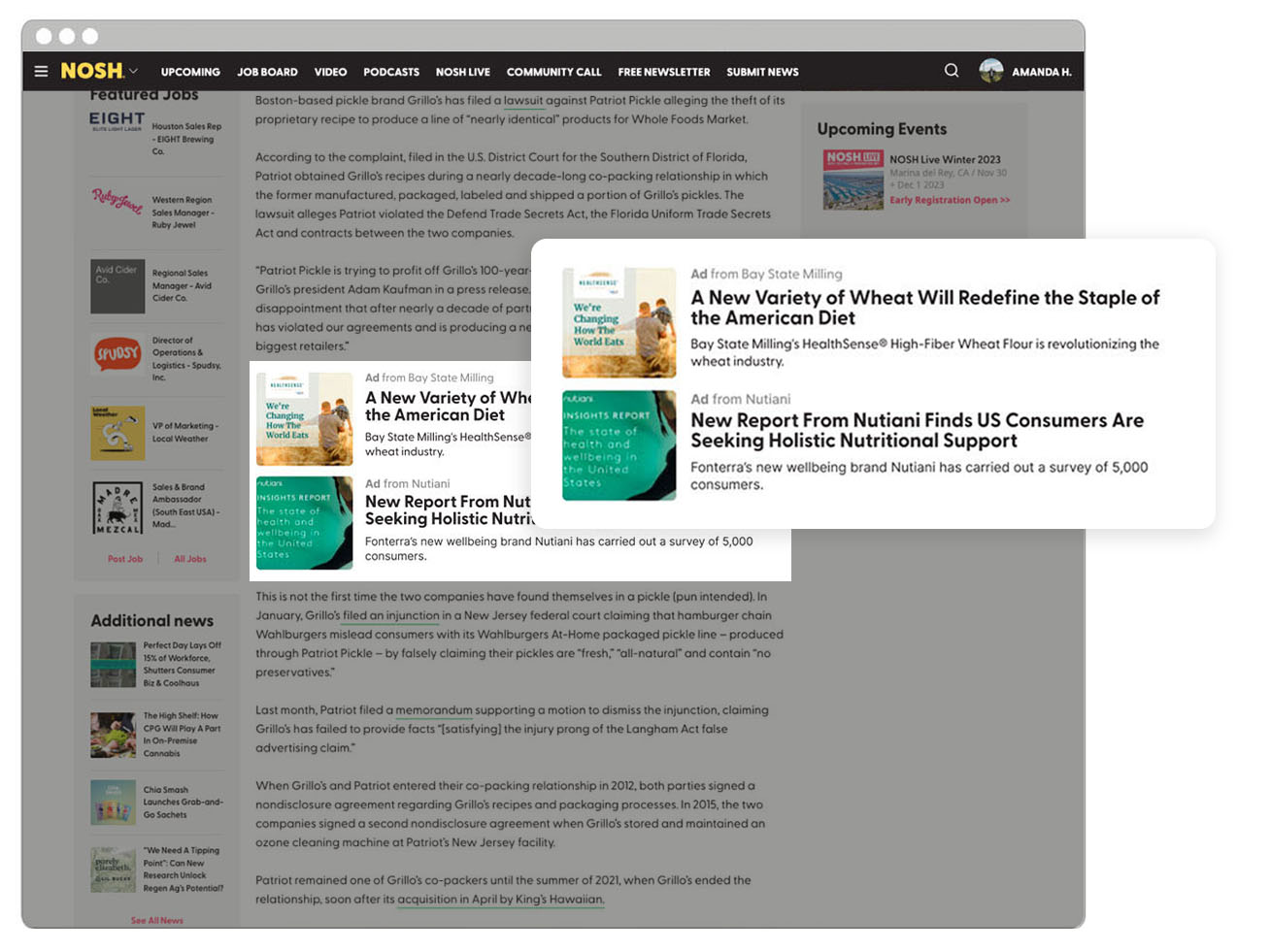 Close-up of a native placement beside a Nosh article headline