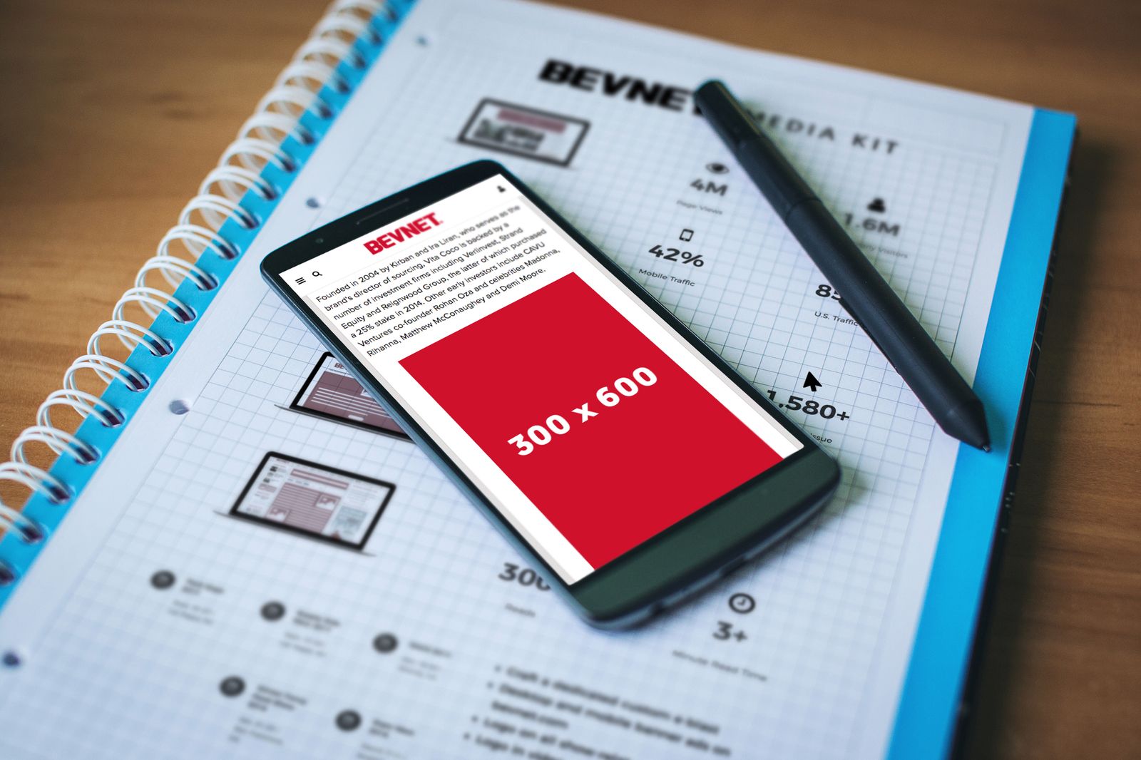 A BevNET half-page banner ad shown on a mobile phone