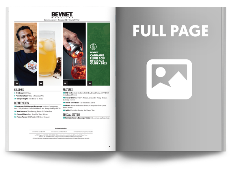 Mockup of a one page spread magazine ad in the BevNET Magazine