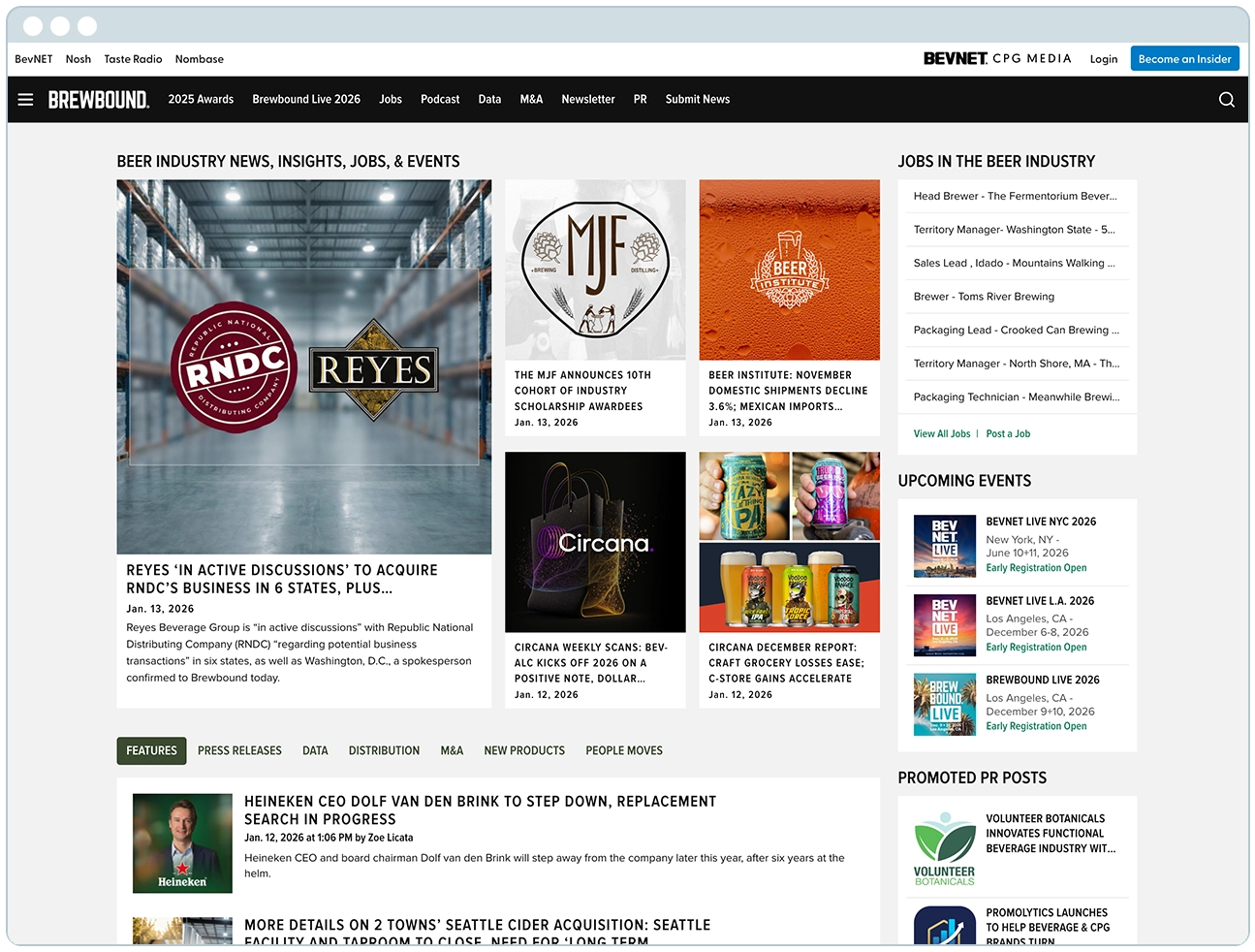 The Brewbound.com homepage shown in a browser frame