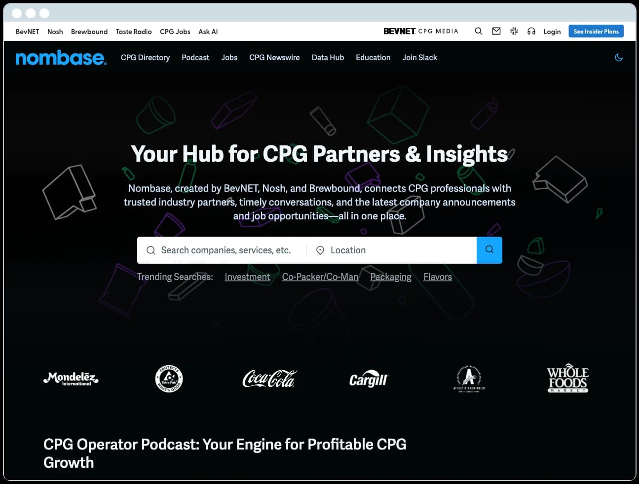 The Nombase.com homepage shown in a browser frame