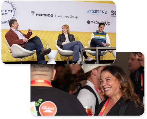 Speakers on the Nosh Live main stage and attendees networking on the event floor